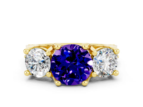 Yellow gold Round Cut Tanzanite Three-Stone Ring with Channel Set Band and Four-Prong Setting