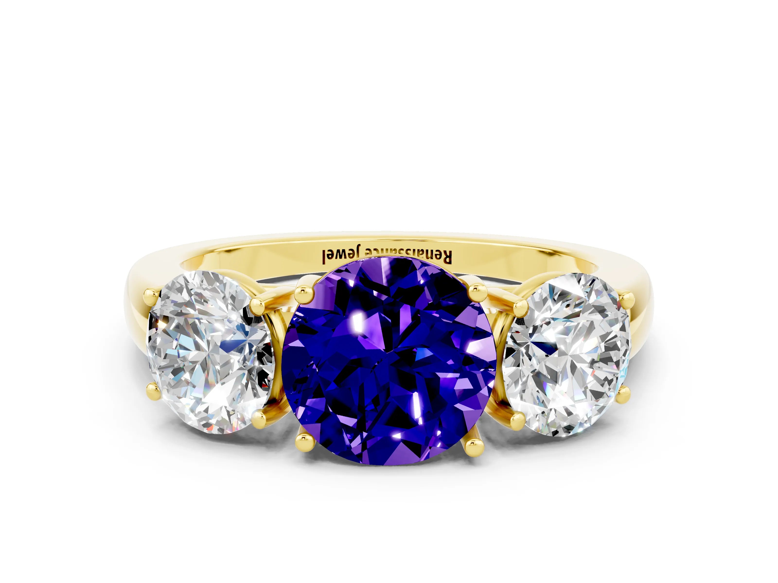 Yellow gold Round Cut Tanzanite Three-Stone Ring with Four-Prong Setting and Classic Band