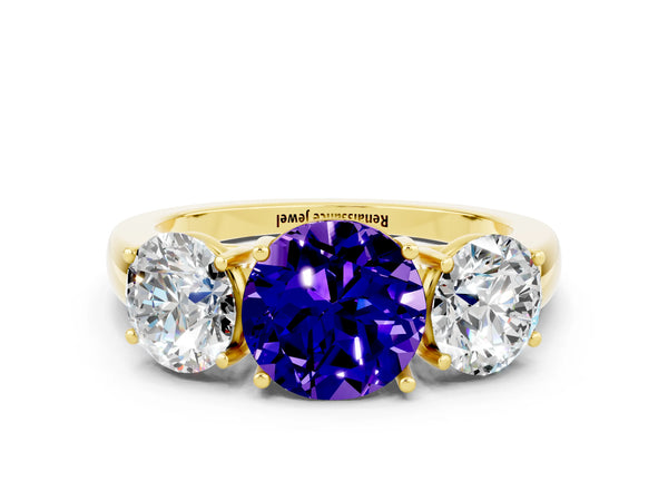 Yellow gold Round Cut Tanzanite Three-Stone Ring with Four-Prong Setting and Classic Band