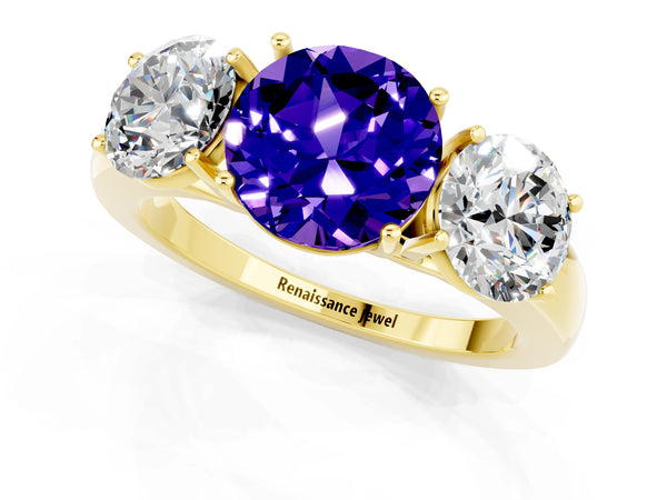 Yellow gold Round Cut Tanzanite Three-Stone Ring with Four-Prong Setting and Classic Band