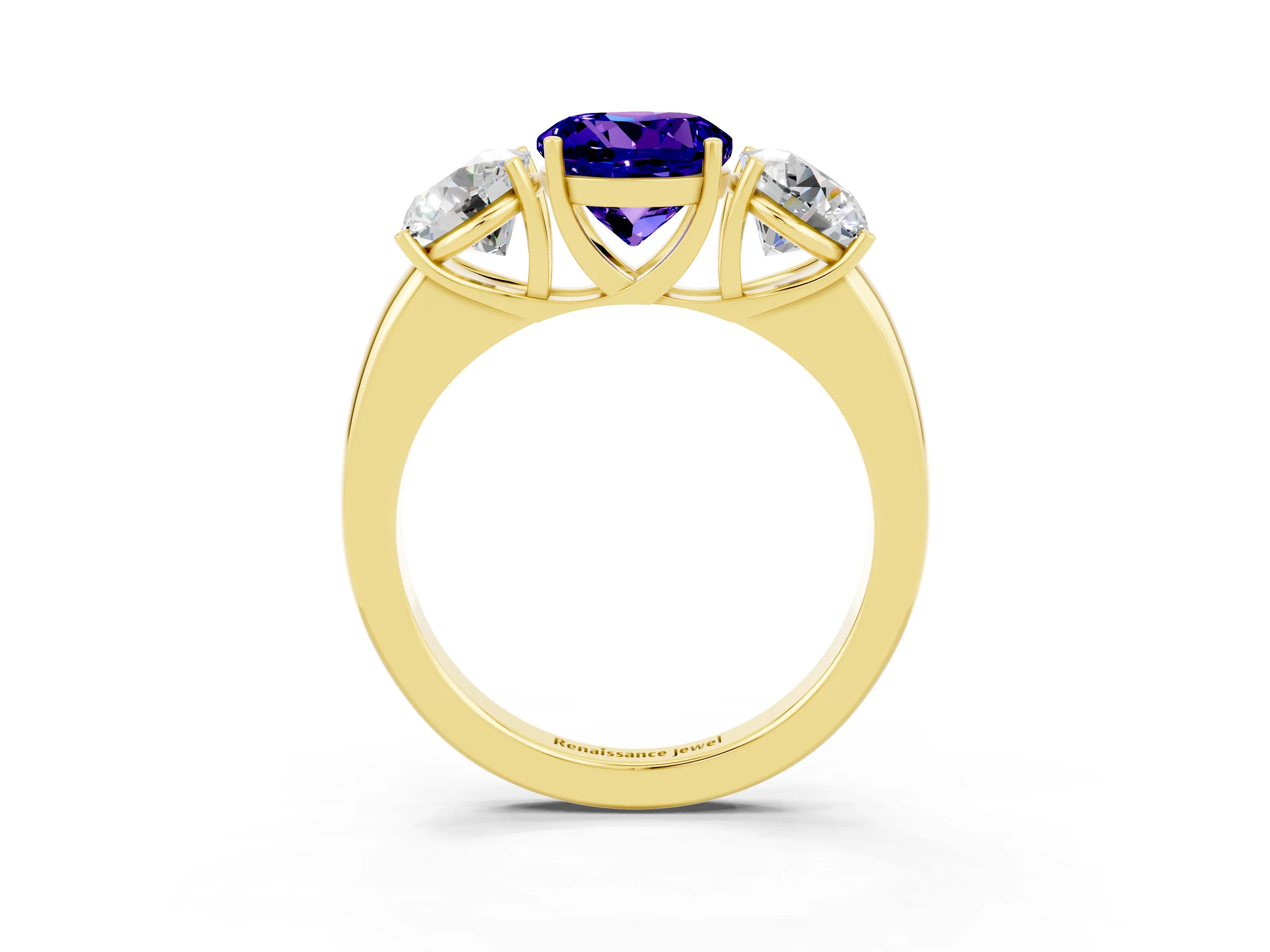 Yellow gold Round Cut Tanzanite Three-Stone Ring with Four-Prong Setting and Classic Band_3