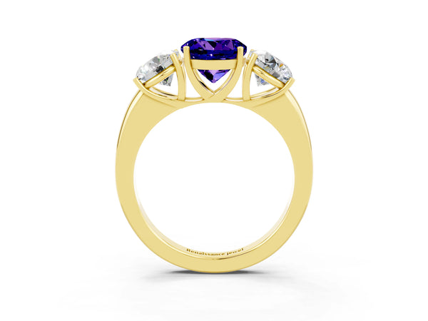 Yellow gold Round Cut Tanzanite Three-Stone Ring with Four-Prong Setting and Classic Band