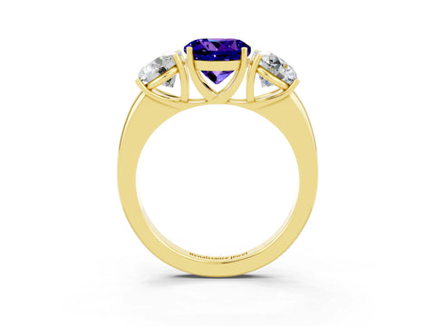 Yellow gold Round Cut Tanzanite Three-Stone Ring with Four-Prong Setting and Classic Band_3