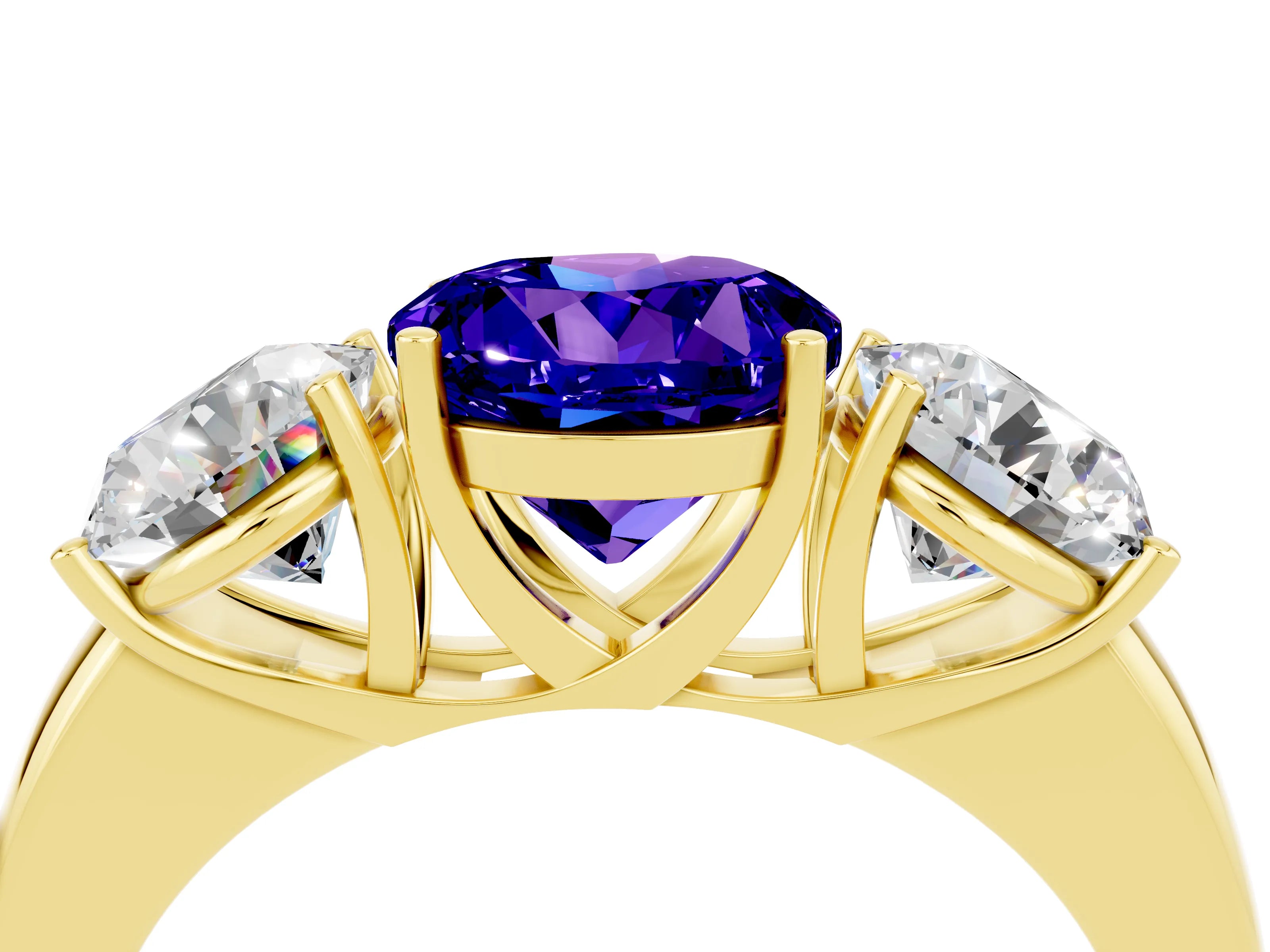 Yellow gold Round Cut Tanzanite Three-Stone Ring with Four-Prong Setting and Classic Band_4