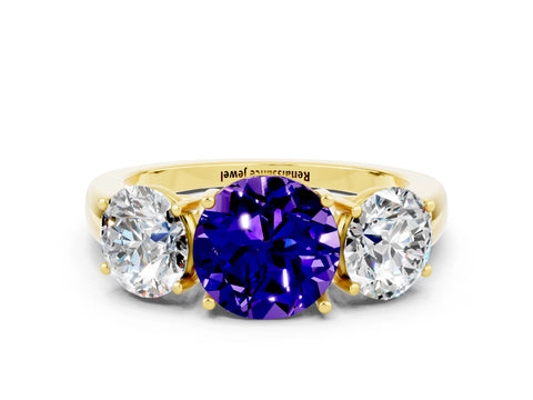 Yellow gold Round Cut Tanzanite Three-Stone Ring with Four-Prong Setting and Classic Band