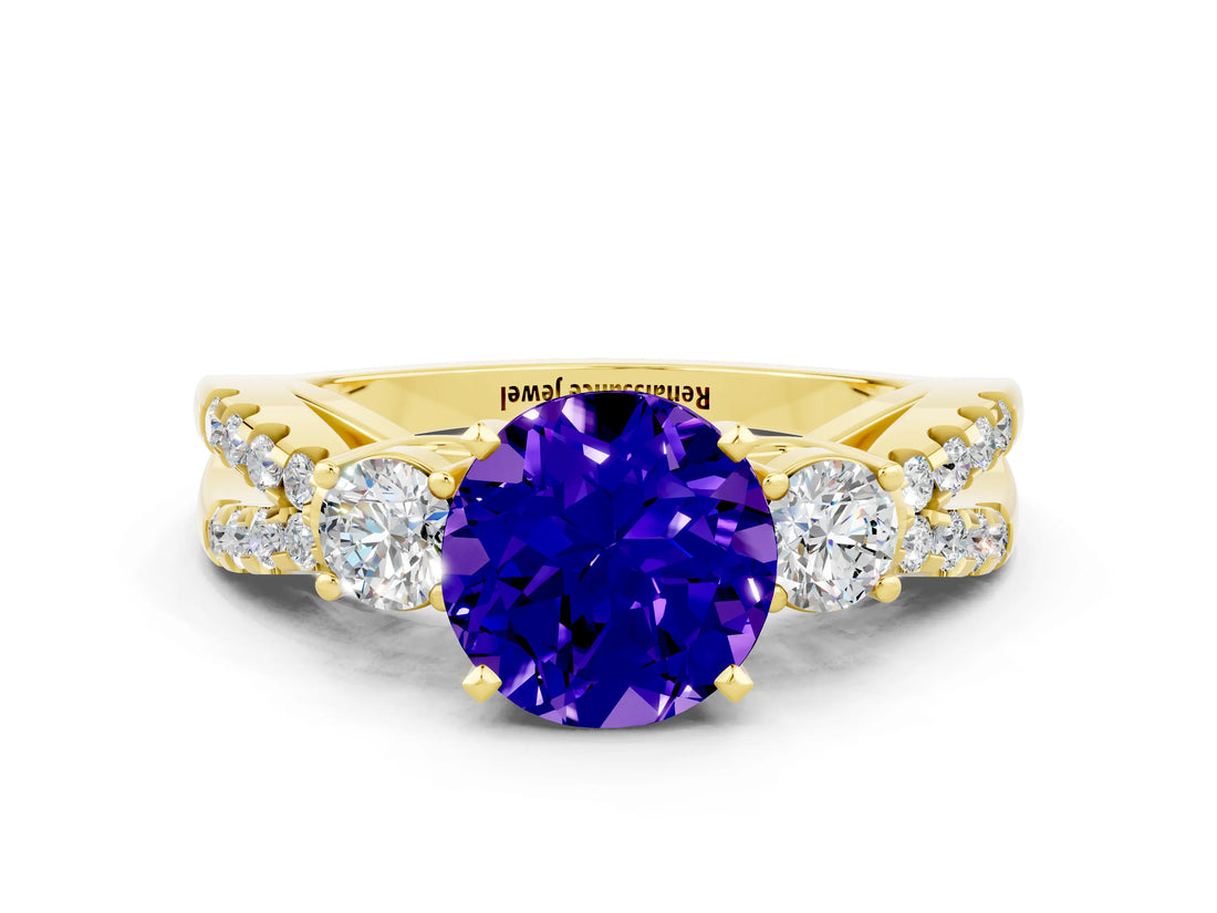 Yellow gold Round Cut Tanzanite Three-Stone Ring with Pavé Split Shank and Four-Prong Setting