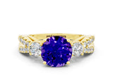 Yellow gold Round Cut Tanzanite Three-Stone Ring with Pavé Split Shank and Four-Prong Setting