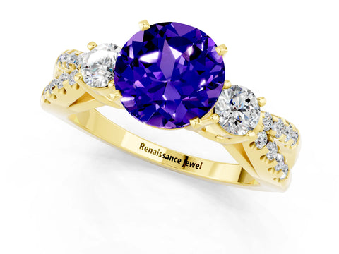 Yellow gold Round Cut Tanzanite Three-Stone Ring with Pavé Split Shank and Four-Prong Setting_1