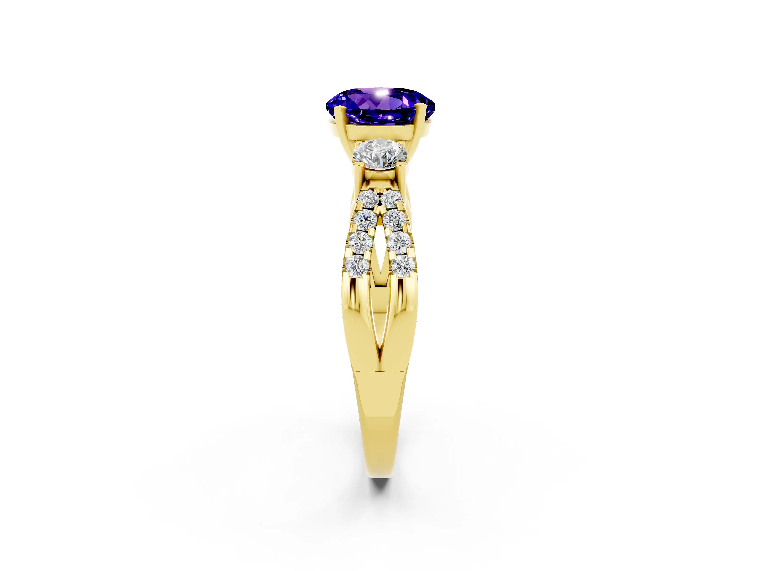 Yellow gold Round Cut Tanzanite Three-Stone Ring with Pavé Split Shank and Four-Prong Setting_2