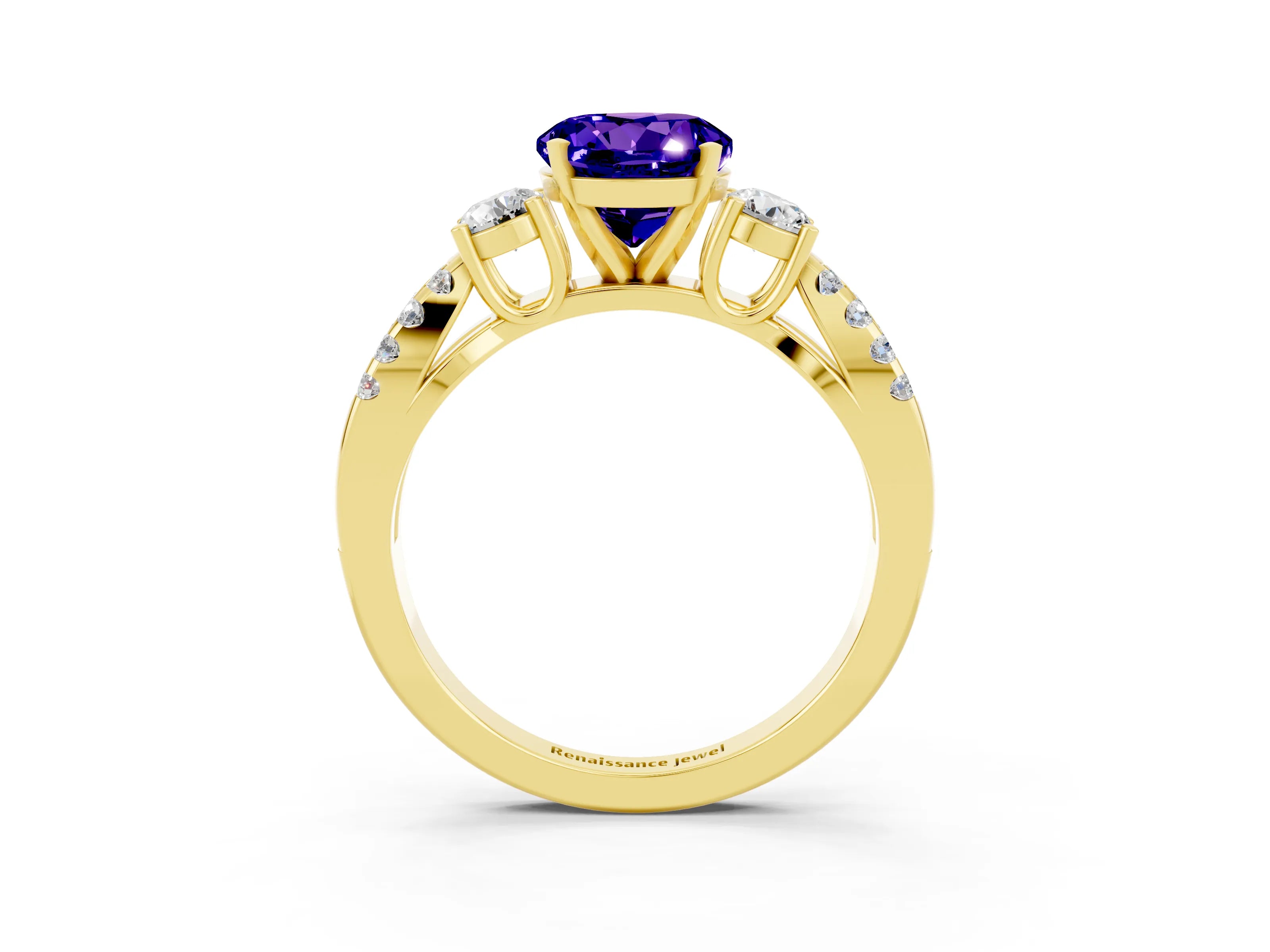 Yellow gold Round Cut Tanzanite Three-Stone Ring with Pavé Split Shank and Four-Prong Setting_3
