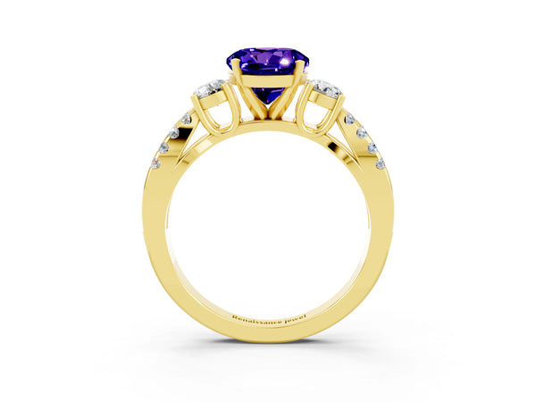 Yellow gold Round Cut Tanzanite Three-Stone Ring with Pavé Split Shank and Four-Prong Setting