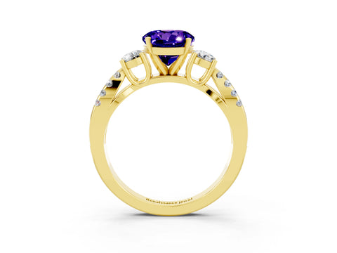 Yellow gold Round Cut Tanzanite Three-Stone Ring with Pavé Split Shank and Four-Prong Setting_3