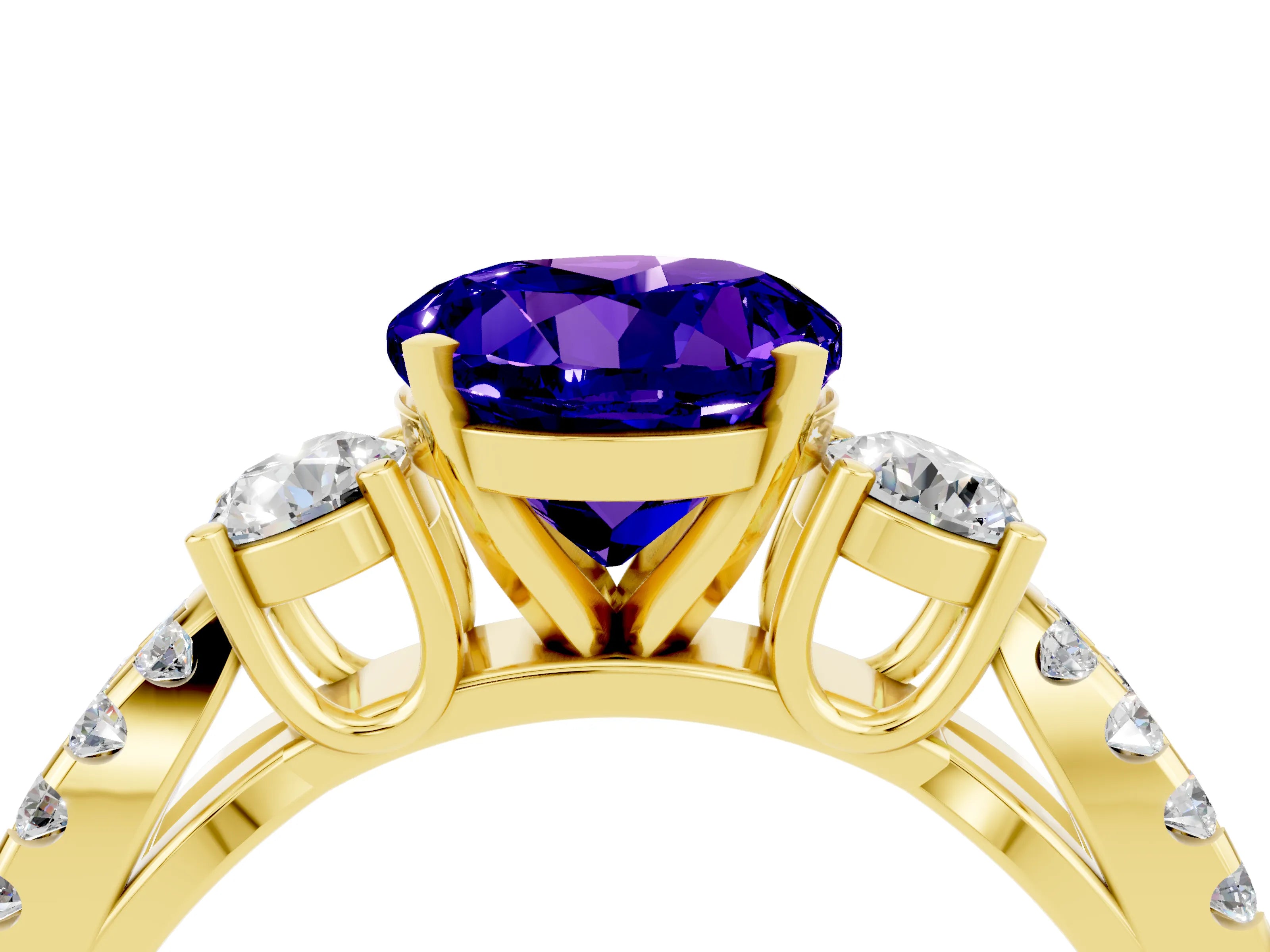 Yellow gold Round Cut Tanzanite Three-Stone Ring with Pavé Split Shank and Four-Prong Setting_4
