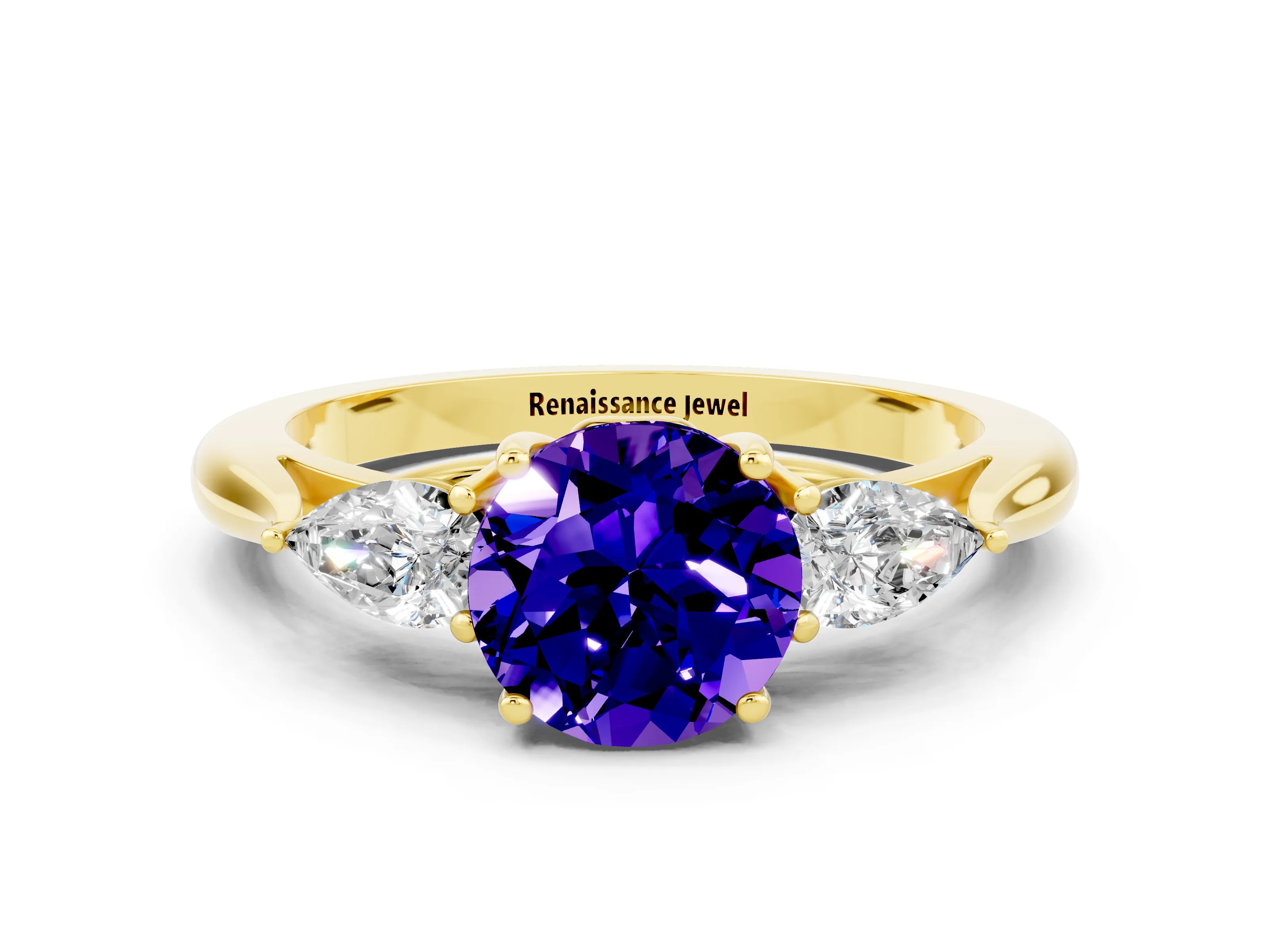 Yellow gold Round Cut Tanzanite Three-Stone Ring with Pear Side Stones and Four-Prong Setting_12