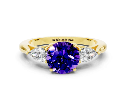 Yellow gold Round Cut Tanzanite Three-Stone Ring with Pear Side Stones and Four-Prong Setting_12