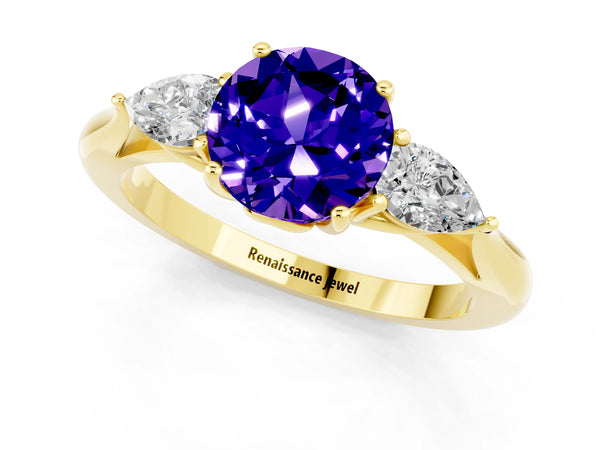 Yellow gold Round Cut Tanzanite Three-Stone Ring with Pear  Side Stones and Prong Setting