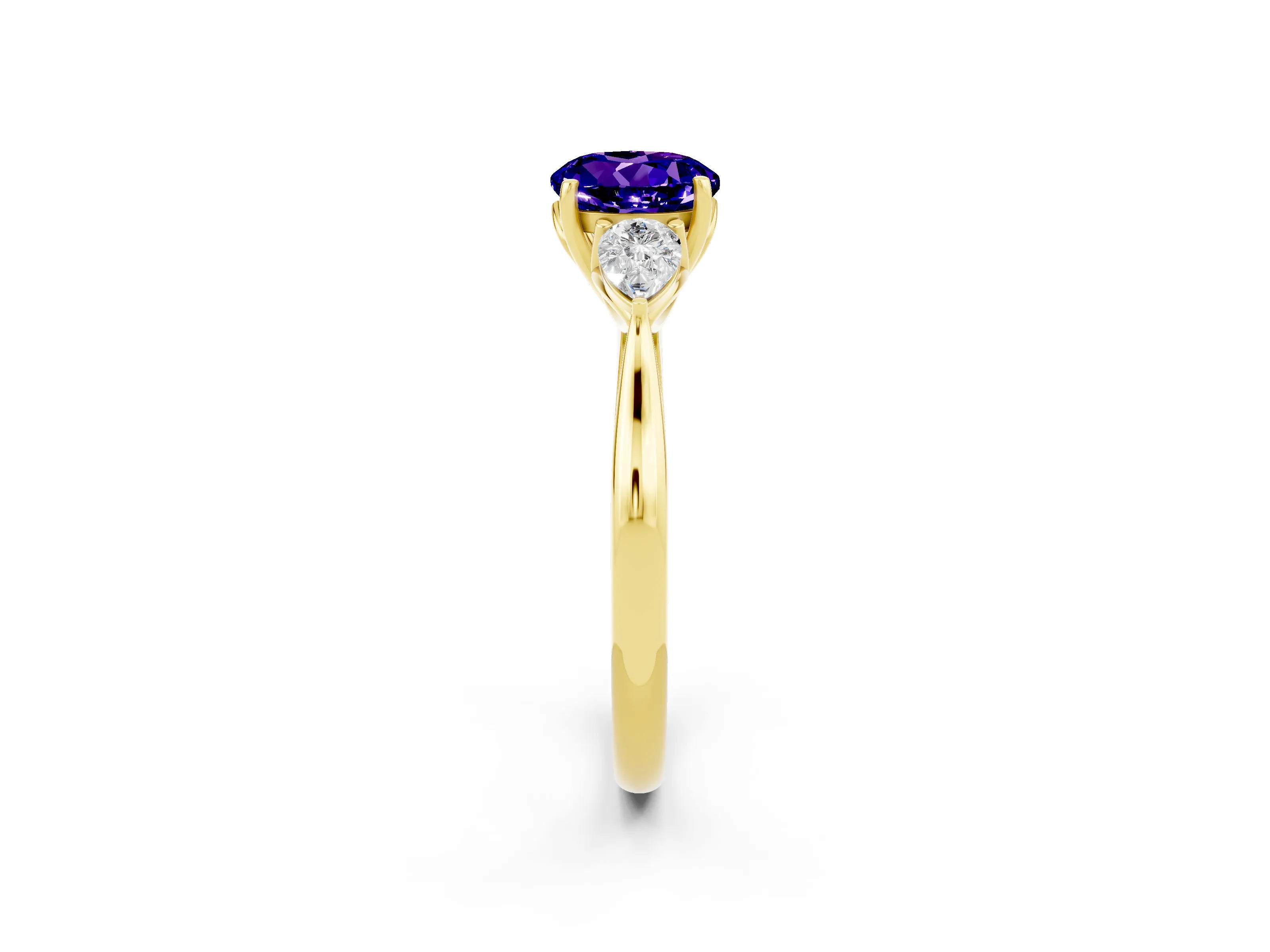 Yellow gold Round Cut Tanzanite Three-Stone Ring with Pear Side Stones and Four-Prong Setting_14