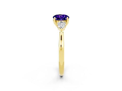 Yellow gold Round Cut Tanzanite Three-Stone Ring with Pear Side Stones and Four-Prong Setting_14