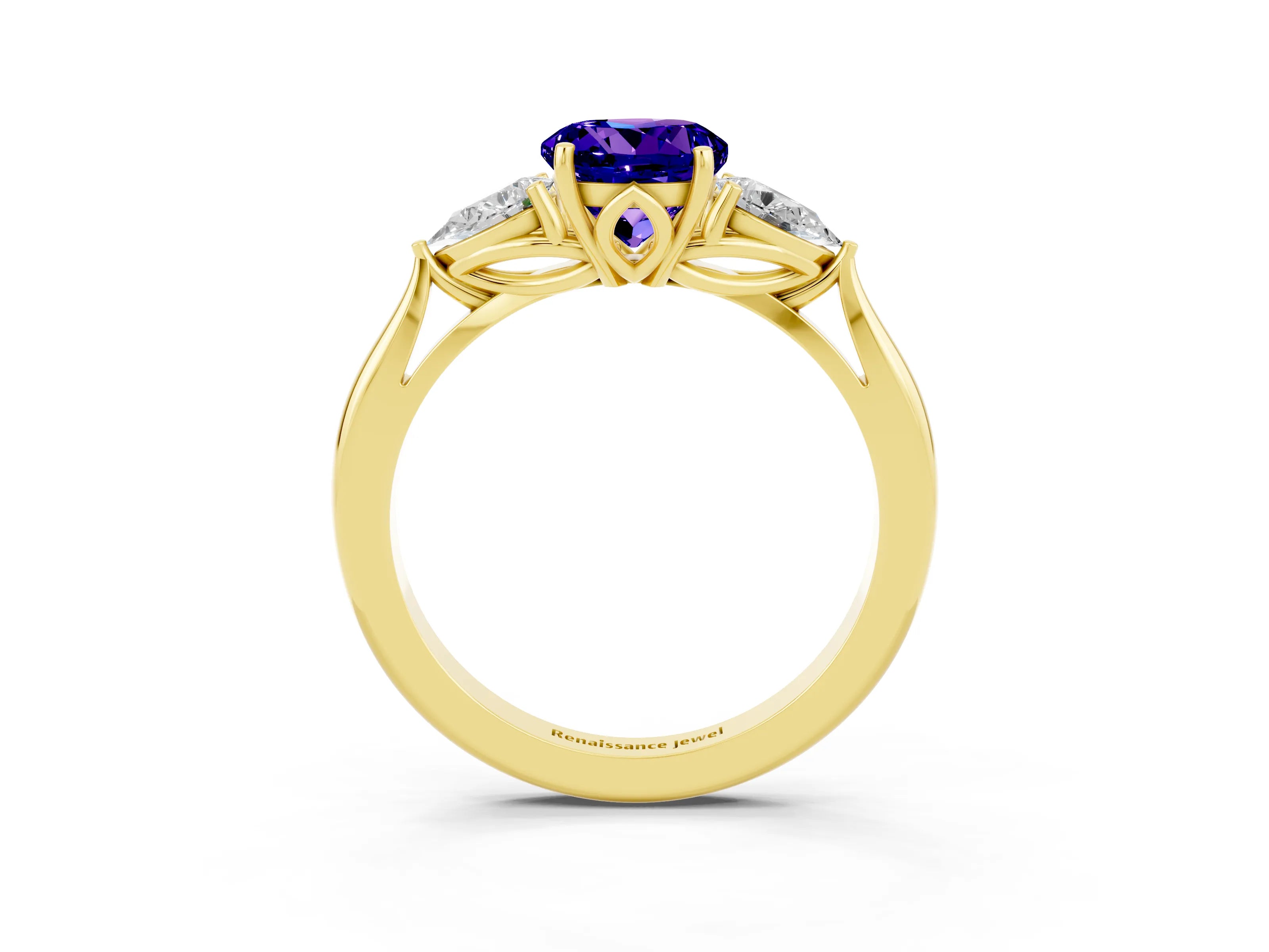 Yellow gold Round Cut Tanzanite Three-Stone Ring with Pear Side Stones and Four-Prong Setting_15