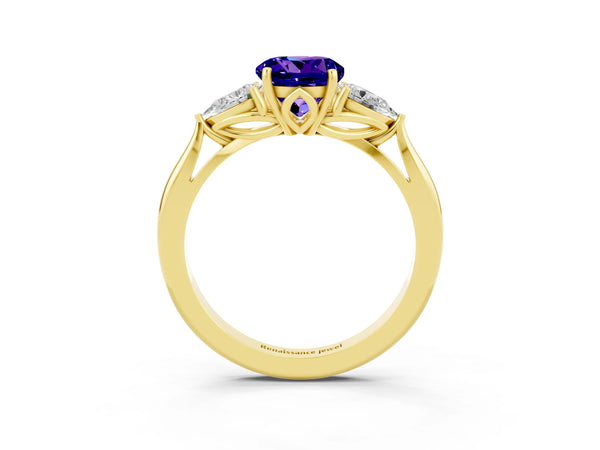 Yellow gold Round Cut Tanzanite Three-Stone Ring with Pear  Side Stones and Prong Setting