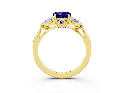 Yellow gold Round Cut Tanzanite Three-Stone Ring with Pear Side Stones and Four-Prong Setting_15
