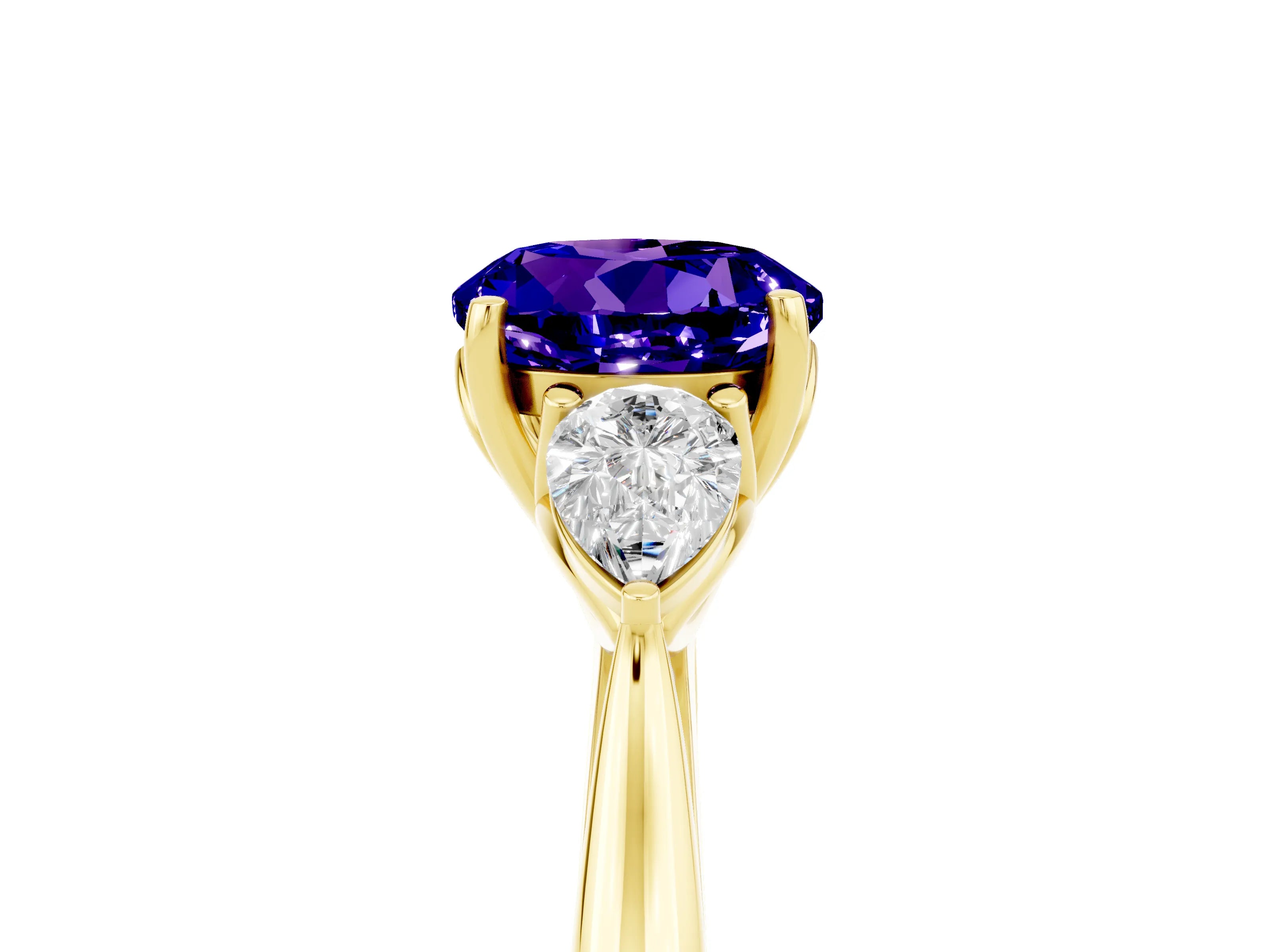 Yellow gold Round Cut Tanzanite Three-Stone Ring with Pear Side Stones and Four-Prong Setting_17