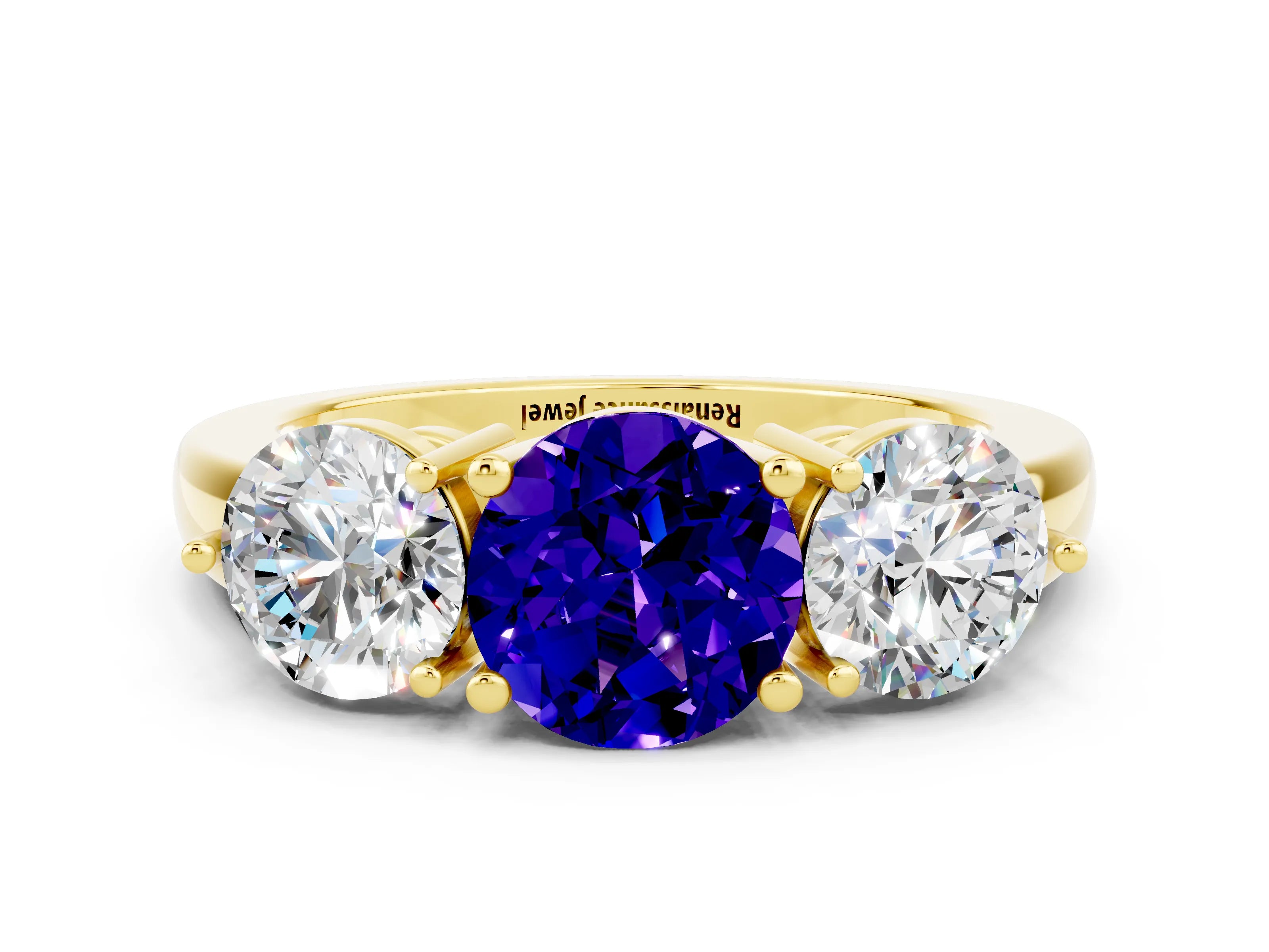 Yellow gold Round Cut Tanzanite Three-Stone Ring with Prong Setting and Classic Band