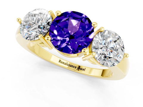 Yellow gold Round Cut Tanzanite Three-Stone Ring with Prong Setting and Classic Band_1