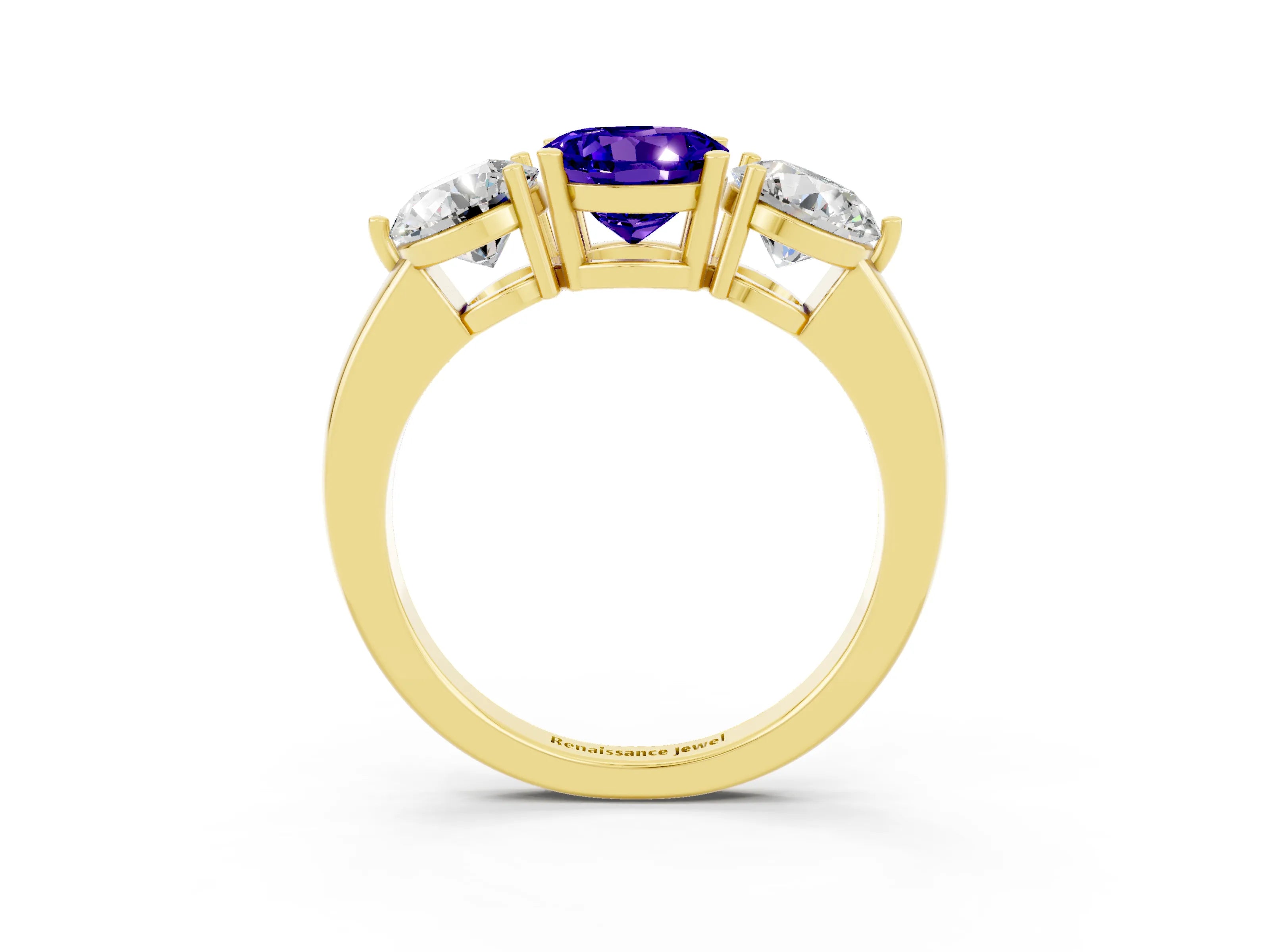 Yellow gold Round Cut Tanzanite Three-Stone Ring with Prong Setting and Classic Band_3