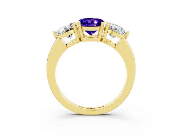 Yellow gold Round Cut Tanzanite Three-Stone Ring with Prong Setting and Classic Band