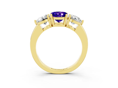 Yellow gold Round Cut Tanzanite Three-Stone Ring with Prong Setting and Classic Band_3