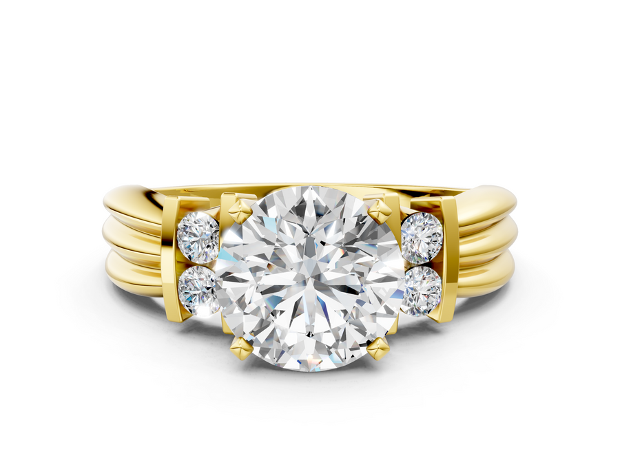 Yellow gold Round Cut Three-Stone Channel Set Ring with Bar Prongs