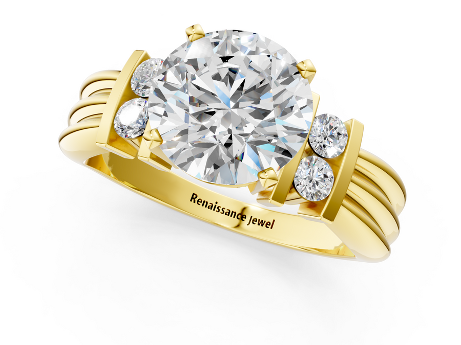 Yellow gold Round Cut Three-Stone Channel Set Ring with Bar Prongs