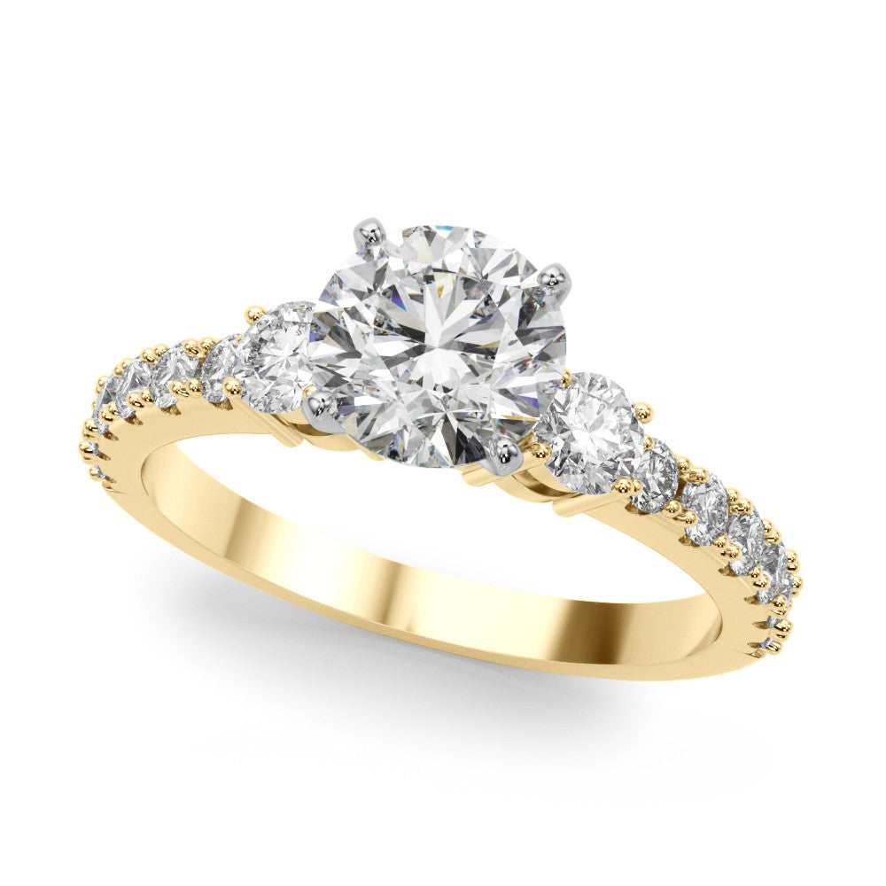 Yellow gold Round Cut Three-Stone Diamond Pavé Band with Prong Setting
