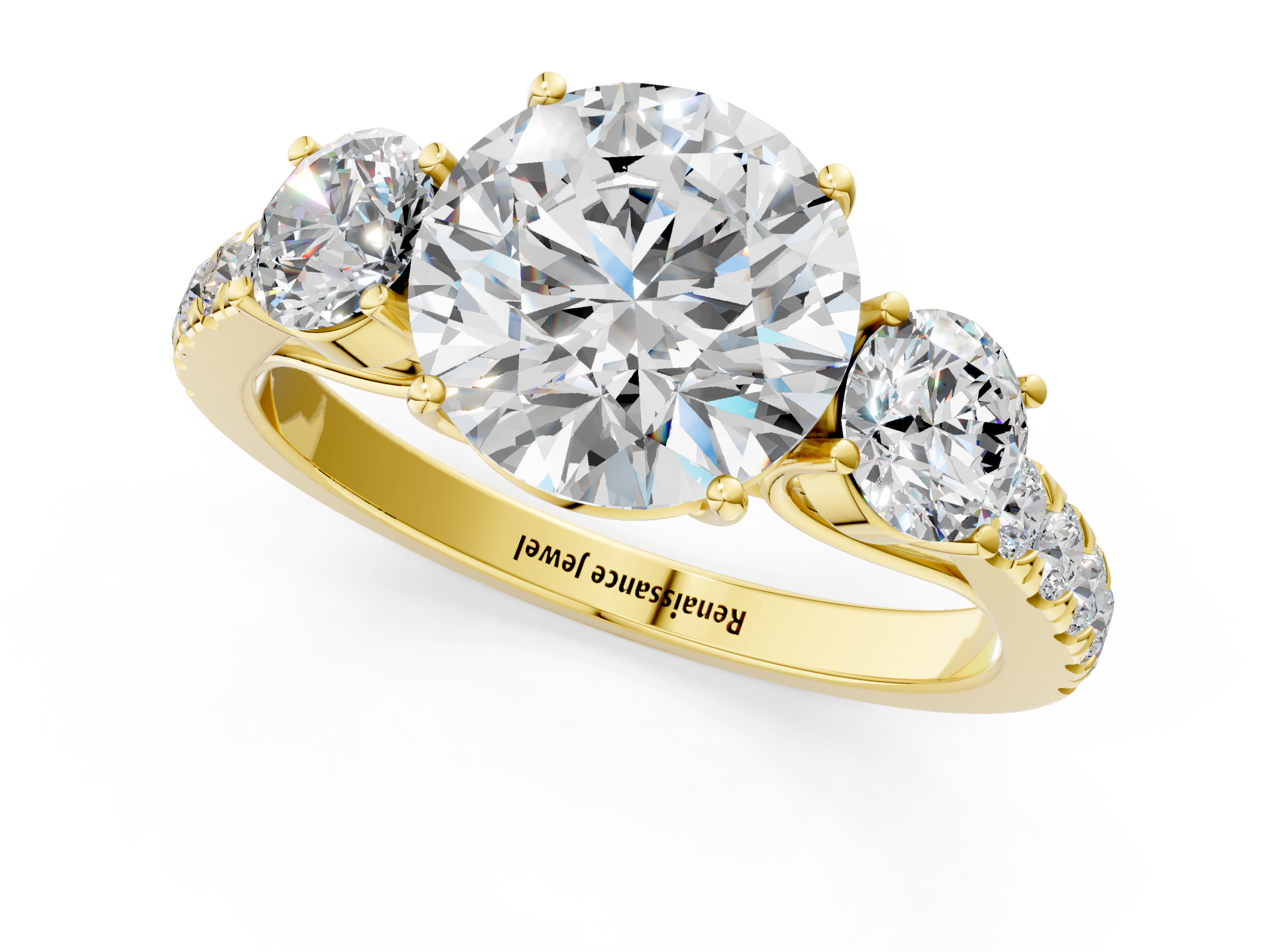 Yellow gold Round Cut Three-Stone Diamond Pave Band with Prong Setting_92