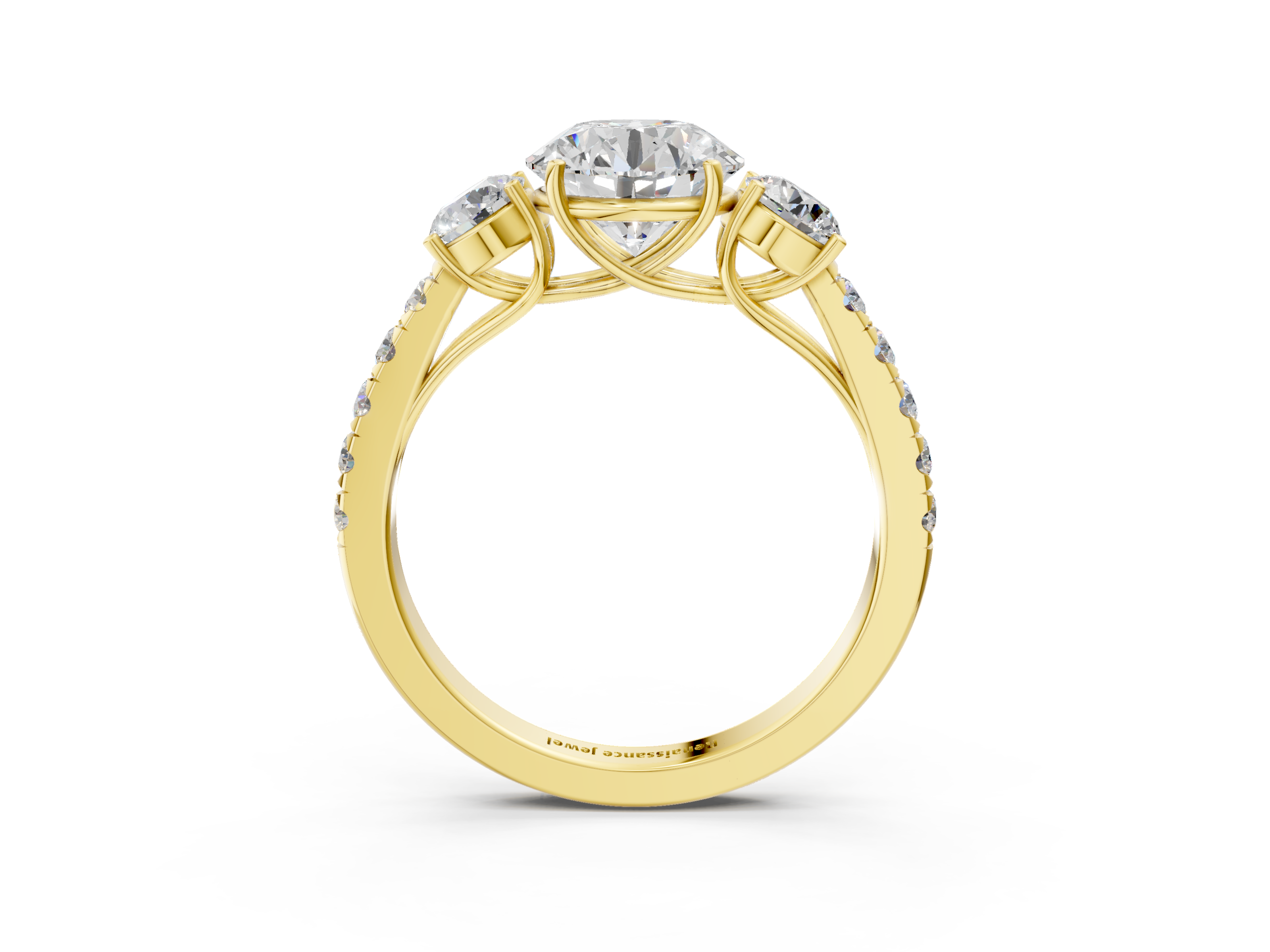 Yellow gold Round Cut Three-Stone Diamond Pave Band with Prong Setting_94