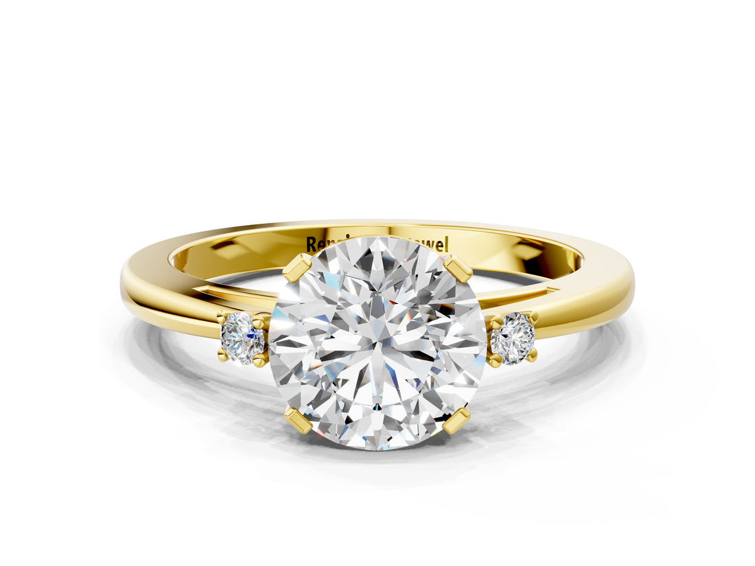 Yellow gold Round Cut Three-Stone Solitaire Ring with Round Accent Diamonds and Four-Prong Setting_32
