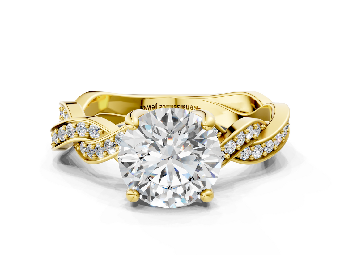 Yellow gold Round Cut Twisted Pavé Band Solitaire Ring with Four-Prong Setting_113