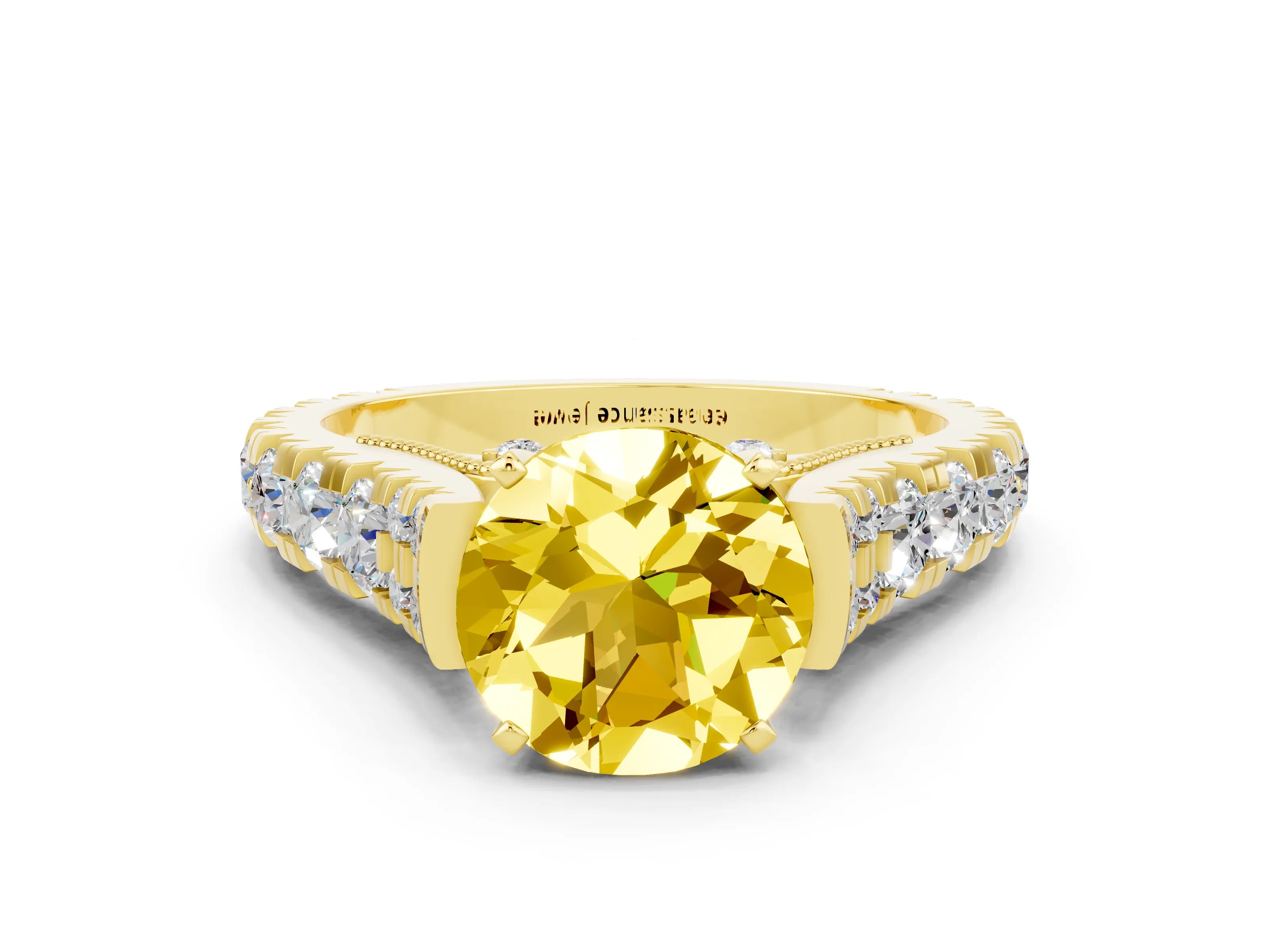 Yellow gold Round Cut Yellow Sapphire Classic Solitaire Ring with Pavé Band and Four-Prong Setting_12