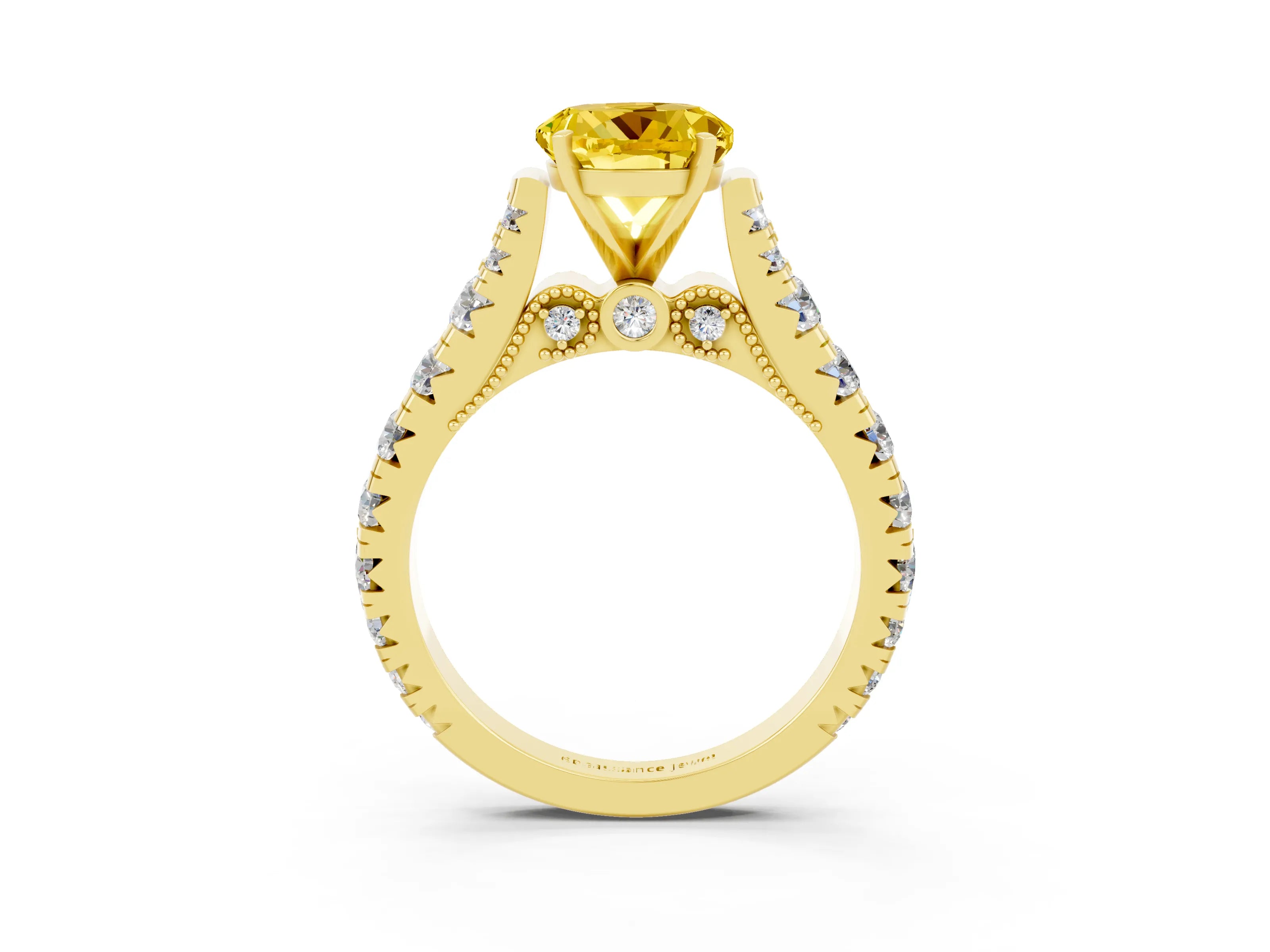 Yellow gold Round Cut Yellow Sapphire Classic Solitaire Ring with Pavé Band and Four-Prong Setting_15