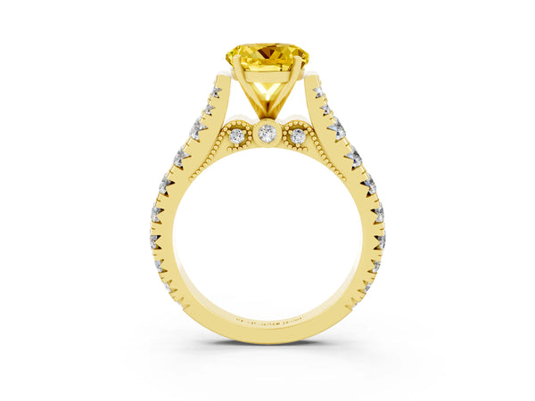 Yellow gold Round Cut Yellow Sapphire Classic Solitaire Ring with Pavé Band and Four-Prong Setting