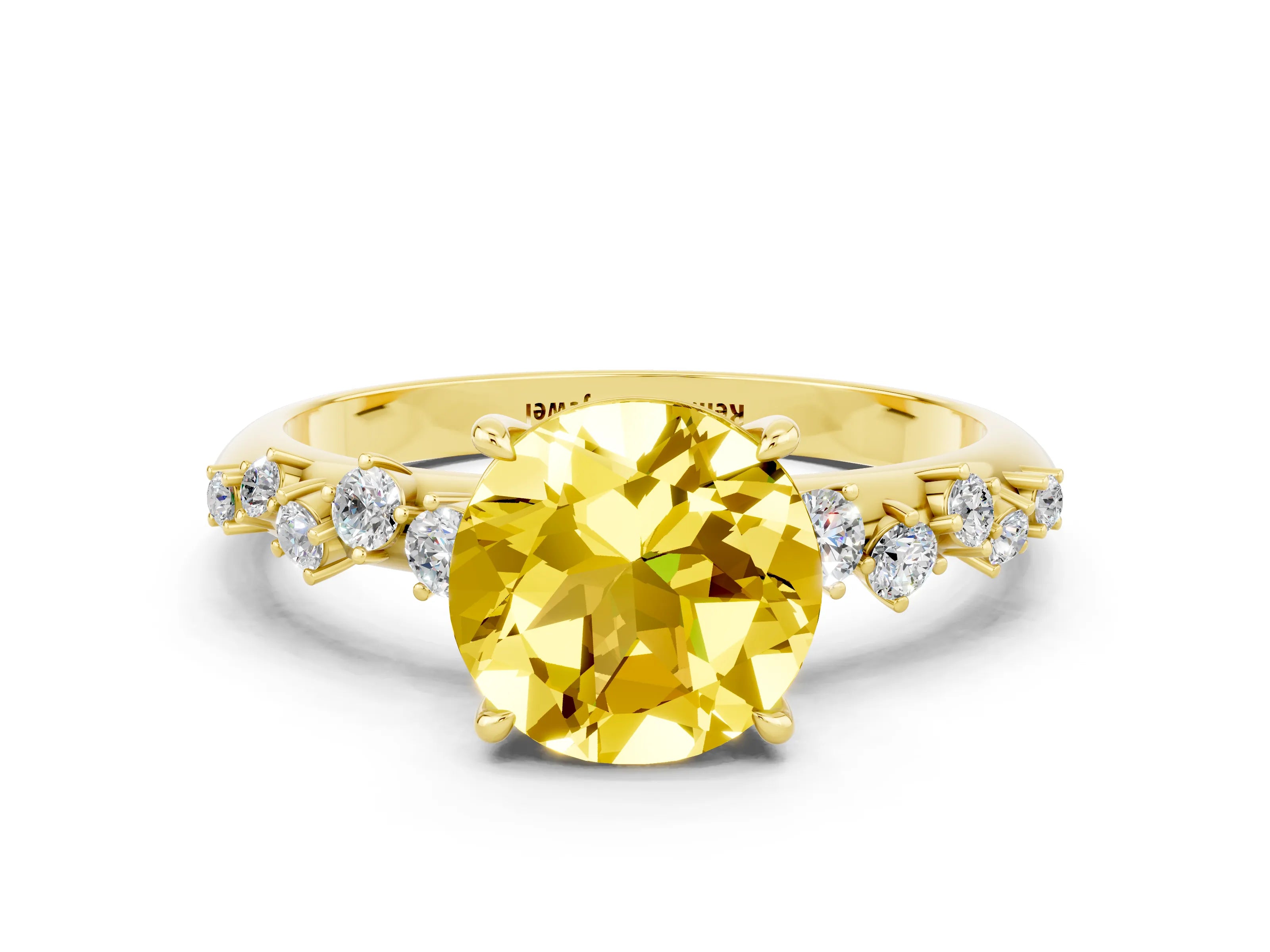 Yellow gold Round Cut Yellow Sapphire Cluster Side Stone Solitaire Ring with Prong Setting_48