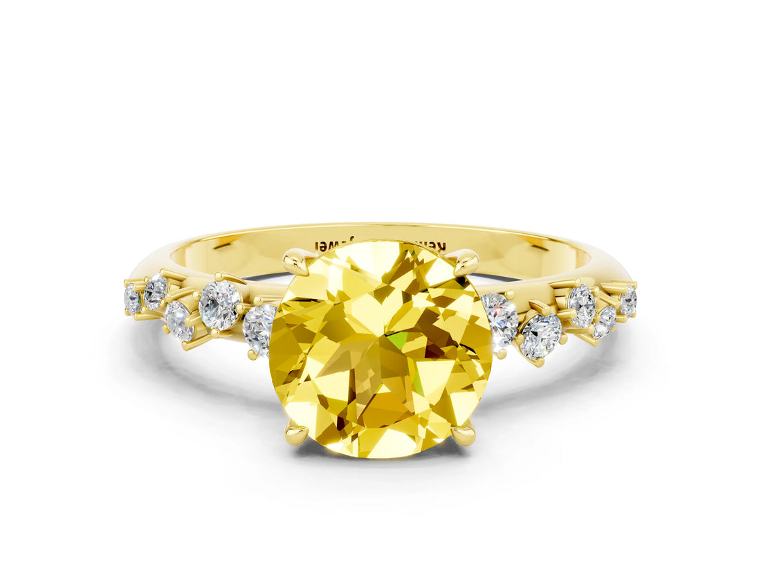 Yellow gold Round Cut Yellow Sapphire Cluster Side Stone Solitaire Ring with Prong Setting_48