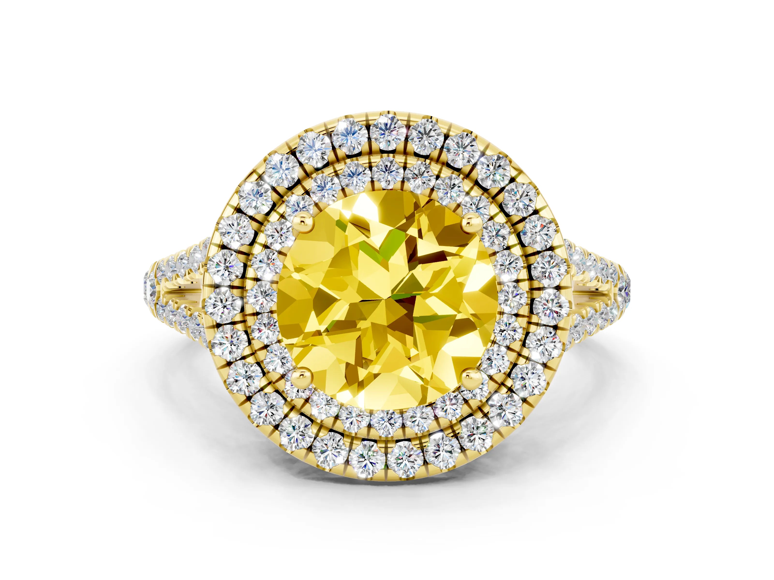 Yellow gold Round Cut Yellow Sapphire Double Halo Ring with Pavé Band and Prong Setting_12