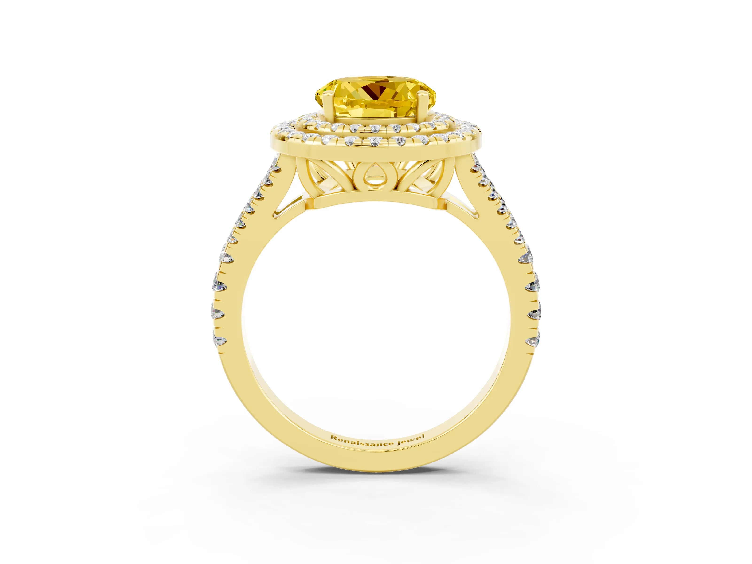 Yellow gold Round Cut Yellow Sapphire Double Halo Ring with Pavé Band and Prong Setting_15