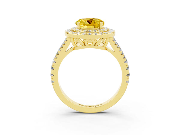 Yellow gold Round Cut Yellow Sapphire Double Halo Ring with Pavé Band and Prong Setting
