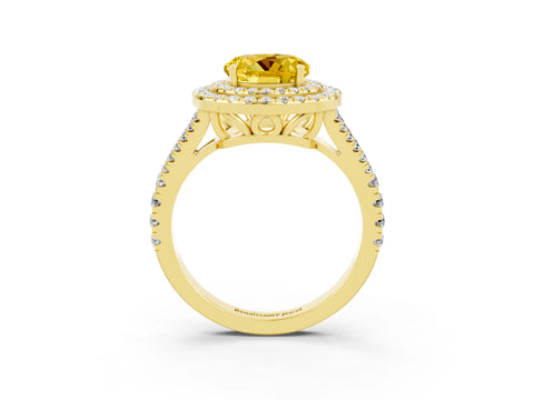 Yellow gold Round Cut Yellow Sapphire Double Halo Ring with Pavé Band and Prong Setting_15