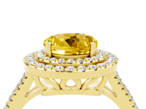 Yellow gold Round Cut Yellow Sapphire Double Halo Ring with Pavé Band and Prong Setting_16