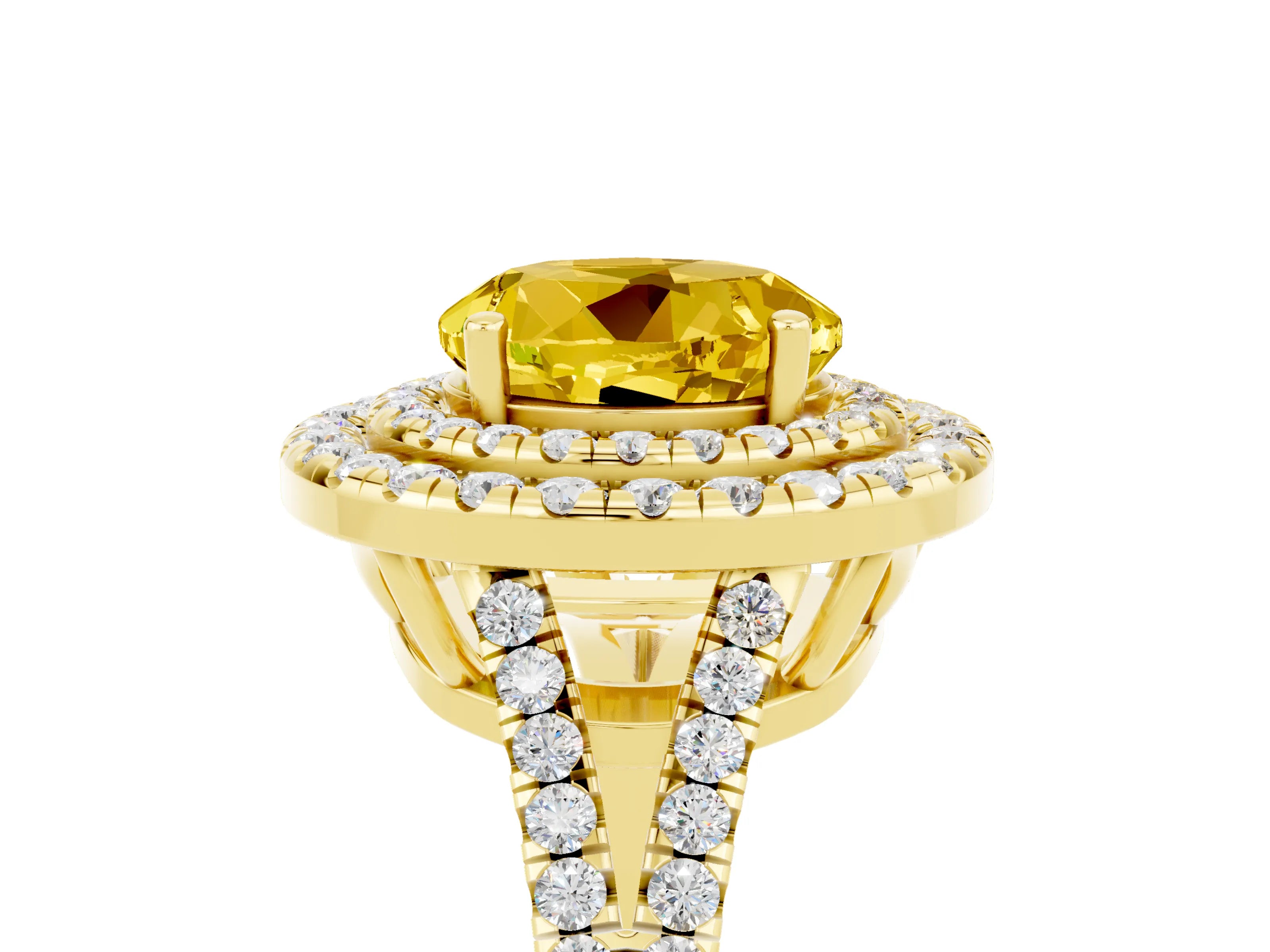 Yellow gold Round Cut Yellow Sapphire Double Halo Ring with Pavé Band and Prong Setting_17