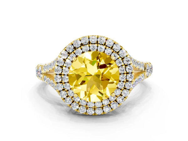Yellow gold Round Cut Yellow Sapphire Double Halo Ring with Split Shank and Prong Setting